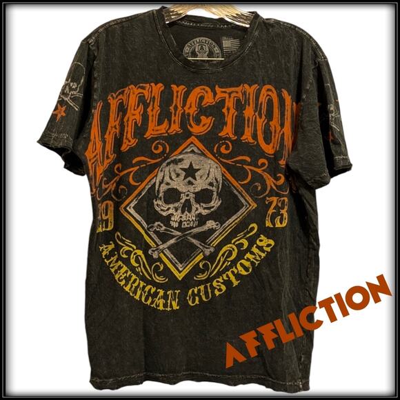 AFFLICTION American Customs 1973 Short Sleeve T-shirt Gray Orange Men's S-M - Picture 1 of 6